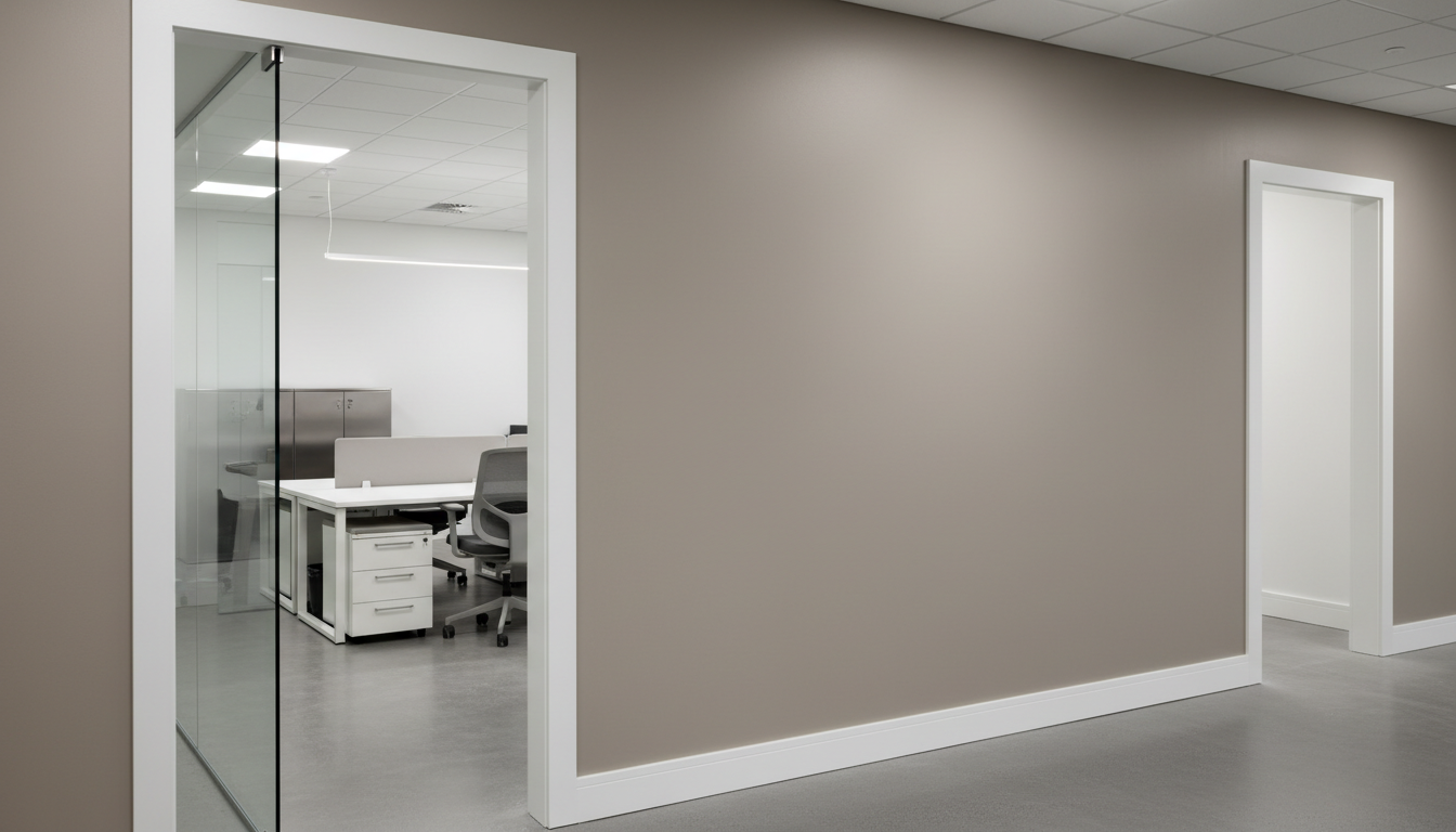 A freshly painted, smooth drywall surface in a modern office interior, featuring crisp white trim framing an expansive neutral taupe wall. The paint finish is eggshell, subtly reflecting soft, ambient overhead lighting. The background reveals a glimpse of structured office furniture—sleek desks and glass partitions—set on polished concrete flooring. Compositionally, the image is captured from eye level with a slight offset for asymmetrical balance, emphasizing clean lines and a sense of spatial order. The mood is professional and composed, with a minimalist, corporate photographic realism. The image exudes dependability and quality, fitting the branding of a trustworthy commercial painting contractor.