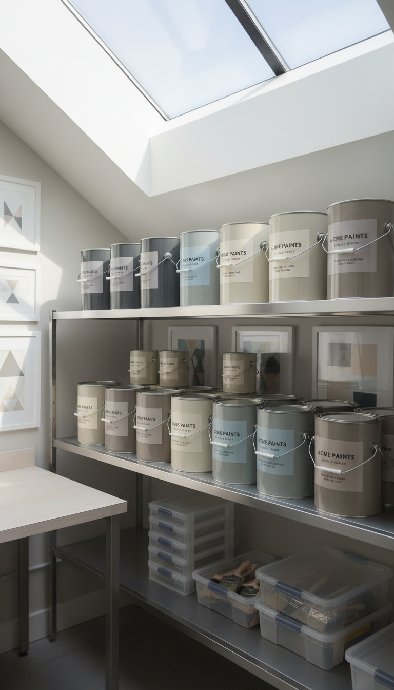 A collection of high-quality professional paint cans, each labeled with muted corporate colors—soft grays, creamy off-whites, and cool taupes—neatly arranged on a metal shelving unit in a tidy workshop. The smooth metal canisters have immaculate surfaces, and their lids are tightly sealed, reflecting soft diffused morning light from an overhead skylight that creates gentle highlights and subtle metallic sheen. The organized environment includes clean, uncluttered work surfaces, structured storage bins, and minimalist decor. Shot at a slightly elevated angle with sharp focus throughout, this image conveys precision, order, and professionalism in a photographic, clean-modern style, perfectly aligning with a commercial painting contractor's image.